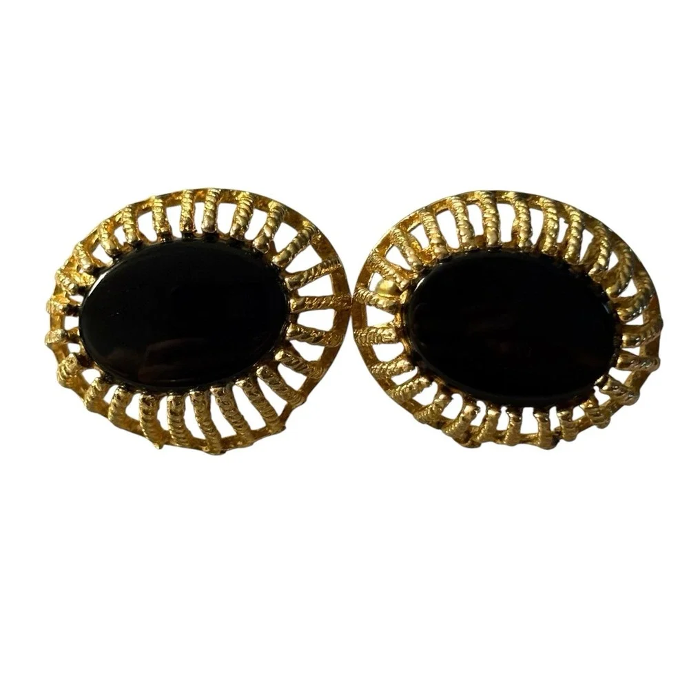 Vintage Destino Cufflinks‎ Black Center Gold Tone Oval Open Work Dome Design MCM